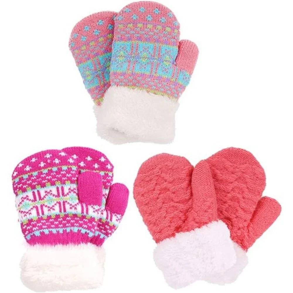 3 Pairs Kids' Sherpa Lined Knit Mittens Boys Girls Winter Gloves
